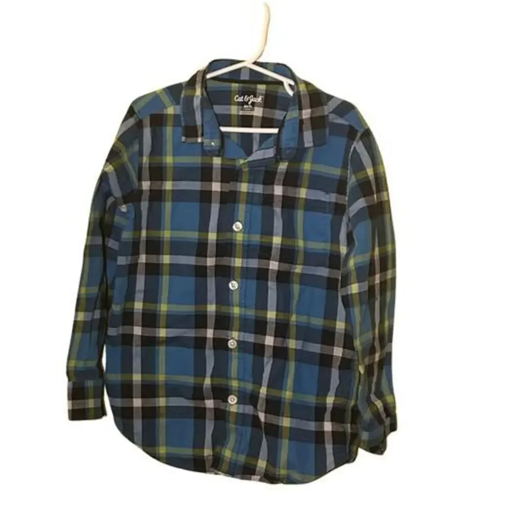Cat & Jack Boys Blue Green Plaid Button Down S 6/7 FLAW